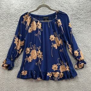 LIV Los Angeles Medium‎ Blue Long Sleeve Blouse Floral Embroidery Boho